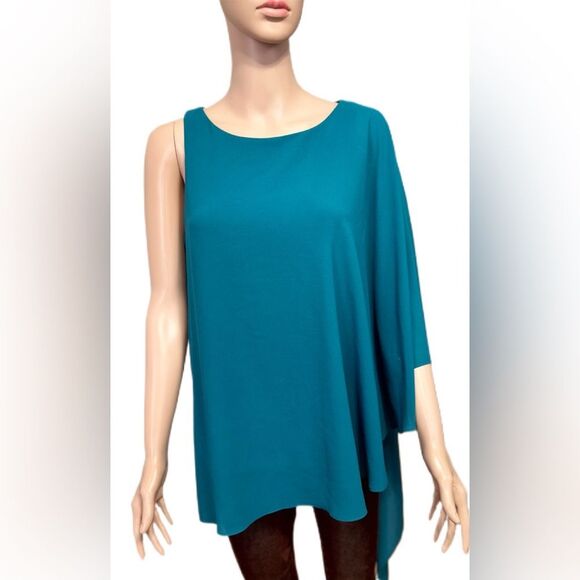 Badgley Mischka Womens Blouse S One Shoulder Asymmetrical Turquoise 1075 - Picture 2 of 10
